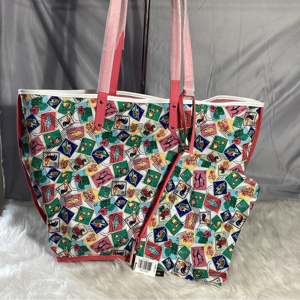 Vera Bradley XL Beach Tote w/ Pouch Reversible NWT Oxford Floral & Stamps